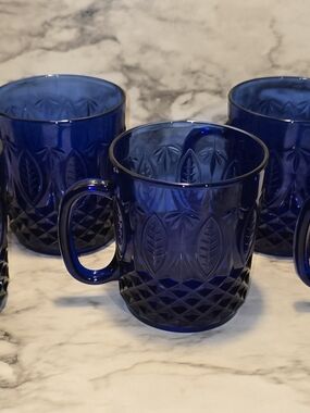 Avon Royal Sapphire Cobalt Blue Glass Coffee Mugs Set of 5 Vintage 10 oz.